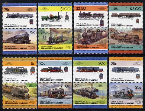 St Vincent - Union Island 1984 Locomotives #2 (Leaders of the World) set of 16 optd SPECIMEN unmounted mint, stamps on railways