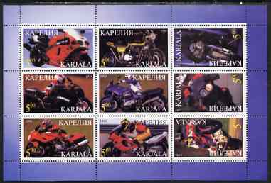 Karjala Republic 1998 Racing Motorcycles perf sheetlet containing set of 9 values complete unmounted mint, stamps on , stamps on  stamps on motorbikes