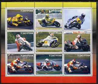 Udmurtia Republic 2000 Racing Motorcycles perf sheetlet containing set of 9 values complete unmounted mint, stamps on motorbikes