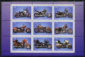 Kalmikia Republic 1999 Harley Davidson Motorcycles perf sheetlet containing set of 9 values complete unmounted mint, stamps on , stamps on  stamps on motorbikes