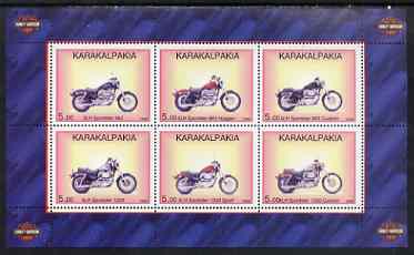 Karakalpakia Republic 1998 Harley Davidson Motorcycles perf sheetlet containing set of 6 values complete unmounted mint, stamps on , stamps on  stamps on motorbikes