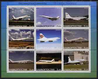 Bashkortostan 2000 TY-144 (Concordski) perf sheetlet containing set of 9 values complete unmounted mint, stamps on aviation, stamps on concorde, stamps on ty-144