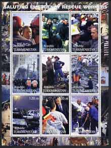 Turkmenistan 2001 Saluting Emergency Rescue Workers perf sheetlet containing set of 9 values complete unmounted mint, stamps on , stamps on  stamps on rescue, stamps on  stamps on fire, stamps on  stamps on police, stamps on  stamps on red cross, stamps on  stamps on disasters