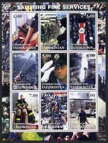 Tadjikistan 2001 Saluting Fire Services perf sheetlet containing set of 9 values complete unmounted mint, stamps on rescue, stamps on fire, stamps on disasters