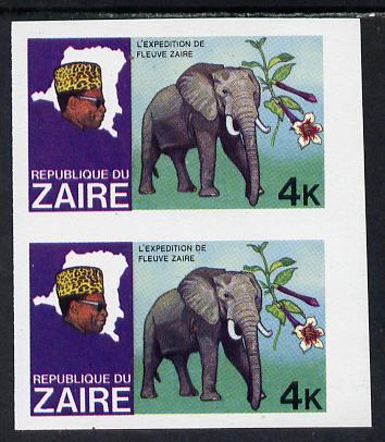 Zaire 1979 River Expedition 4k Elephant imperf pair unmounted mint (as SG 954), stamps on , stamps on  stamps on animals, stamps on  stamps on elephants