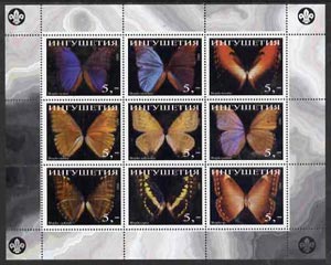 Ingushetia Republic 1998 Butterflies perf sheetlet (with Scout Logo) containing set of 9 values complete unmounted mint, stamps on , stamps on  stamps on butterflies, stamps on scouts