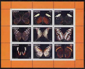 Karjala Republic 1998 Butterflies perf sheetlet containing set of 9 values complete unmounted mint, stamps on butterflies