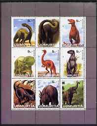 Udmurtia Republic 1998 Prehistoric Life perf sheetlet containing set of 9 values complete unmounted mint, stamps on , stamps on  stamps on dinosaurs