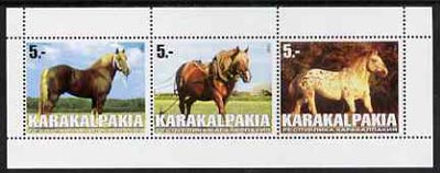 Karakalpakia Republic 1999 Horses #2 perf sheetlet containing set of 3 values complete unmounted mint, stamps on , stamps on  stamps on horses