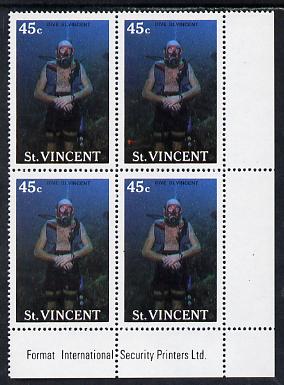 St Vincent 1988 Tourism 45c Scuba Diving unmounted mint corner block of 4, one stamp with large flaw above St (r/hand pane R4/4) SG 1134, stamps on scuba diving, stamps on tourism