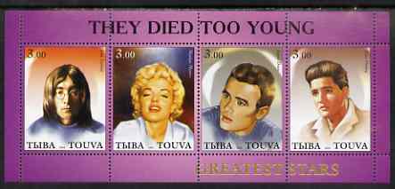 Touva 2001 'They Died too Young' (Marilyn, J Lennon, Elvis & J Dean) perf sheetlet containing set of 4 values complete unmounted mint, stamps on , stamps on  stamps on personalities, stamps on entertainments, stamps on films, stamps on music, stamps on cinema, stamps on marilyn monroe, stamps on elvis, stamps on beatles, stamps on pop