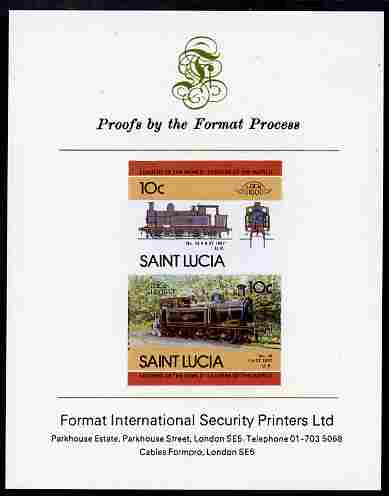 St Lucia 1985 Locomotives #4 (Leaders of the World) 10c 0-6-2 Tank se-tenant pair imperf mounted on Format International proof card, stamps on railways