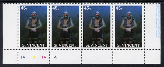 St Vincent 1988 Tourism 45c Scuba Diving unmounted mint cyl strip of 4, one stamp with variety red mark by Diver's arm (l/hand pane R5/4) SG 1134, stamps on scuba diving, stamps on tourism
