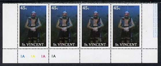 St Vincent 1988 Tourism 45c Scuba Diving unmounted mint cyl strip of 4, one stamp with variety red mark by Diver's arm (l/hand pane R5/4) SG 1134, stamps on scuba diving, stamps on tourism