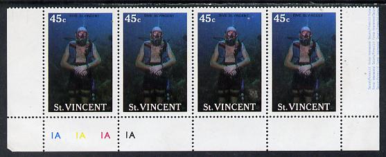 St Vincent 1988 Tourism 45c Scuba Diving unmounted mint cyl strip of 4, one stamp with variety 'jellyfish' below inscription (l/hand pane R5/3) SG 1134, stamps on , stamps on  stamps on scuba diving, stamps on tourism