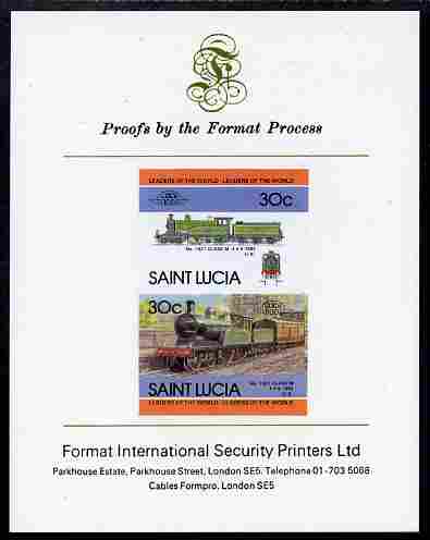 St Lucia 1985 Locomotives #4 (Leaders of the World) 30c Class M 4-4-0 se-tenant pair imperf mounted on Format International proof card, stamps on railways