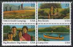 United States 1985 International Youth Year set of 4 in se-tenant block unmounted mint, SG 2202a, stamps on scouts, stamps on youth, stamps on canoe