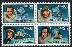 United States 1988 Antarctic Explorers set of 4 in se-tenant block unmounted mint, SG 2373a, stamps on , stamps on  stamps on polar, stamps on explorers, stamps on ships, stamps on aviation, stamps on maps