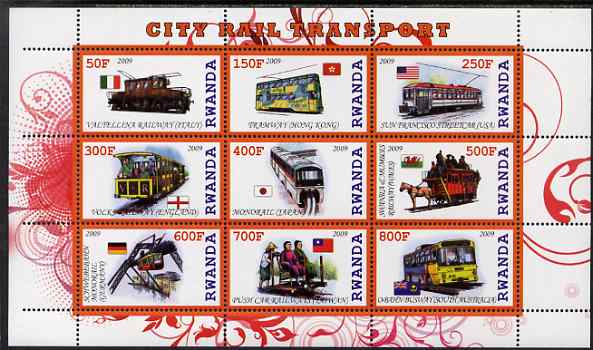 Rwanda 2009 City Transport perf sheetlet containing 9 values unmounted mint, stamps on , stamps on  stamps on transport, stamps on  stamps on railways, stamps on  stamps on trams, stamps on  stamps on buses, stamps on  stamps on horses