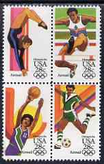 United States 1983 Los Angeles Olympics (2nd issue) set of 4 in se-tenant block unmounted mint, SG A2037a, stamps on , stamps on  stamps on olympics, stamps on gymnastics, stamps on hurdles, stamps on basketball, stamps on football, stamps on  stamps on  gym , stamps on  stamps on gymnastics, stamps on  stamps on , stamps on  stamps on sport