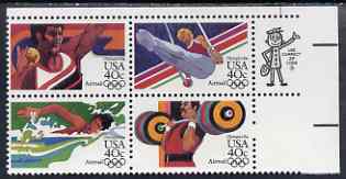 United States 1983 Los Angeles Olympics (1st issue) set of 4 in se-tenant block unmounted mint, SG A2025a, stamps on , stamps on  stamps on olympics, stamps on gymnastics, stamps on shot, stamps on swimming, stamps on weightlifting, stamps on  stamps on  gym , stamps on  stamps on gymnastics, stamps on  stamps on 