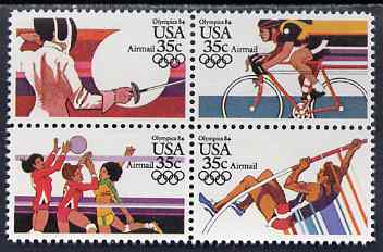 United States 1983 Los Angeles Olympics (4th issue) set of 4 in se-tenant block unmounted mint, SG A2061a, stamps on olympics, stamps on pole vault, stamps on volleyball, stamps on bicycles, stamps on fencing