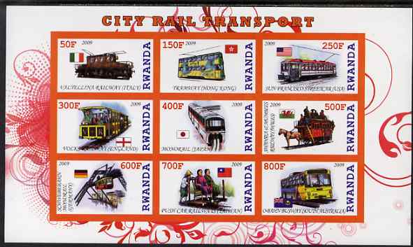 Rwanda 2009 City Transport imperf sheetlet containing 9 values unmounted mint, stamps on , stamps on  stamps on transport, stamps on  stamps on railways, stamps on  stamps on trams, stamps on  stamps on buses, stamps on  stamps on horses