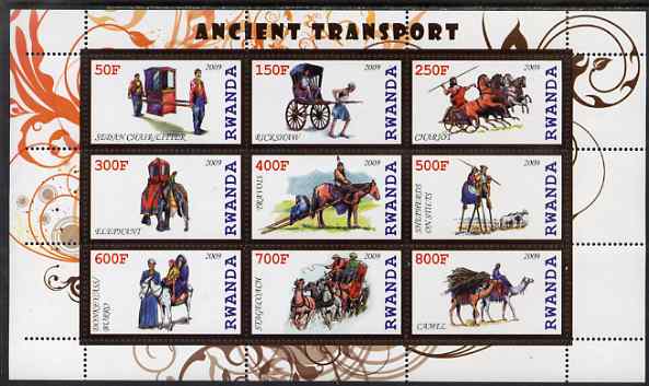 Rwanda 2009 Early Transport perf sheetlet containing 9 values unmounted mint, stamps on , stamps on  stamps on transport, stamps on  stamps on horses, stamps on  stamps on camels, stamps on  stamps on animals, stamps on  stamps on elephants, stamps on  stamps on 