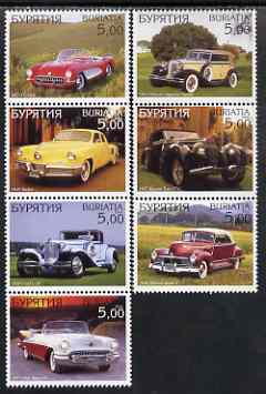 Buriatia Republic 2000 Classic Cars perf set of 7 values complete unmounted mint, stamps on , stamps on  stamps on cars, stamps on  stamps on chrysler, stamps on  stamps on bugatti, stamps on  stamps on hudson, stamps on  stamps on corvette, stamps on  stamps on tucker, stamps on  stamps on cord, stamps on  stamps on olds