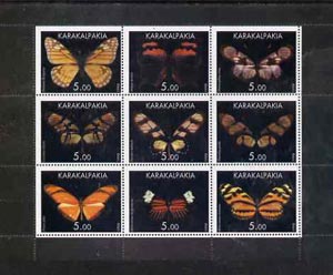 Karakalpakia Republic 1998 Butterflies perf sheetlet containing set of 9 values complete unmounted mint, stamps on butterflies