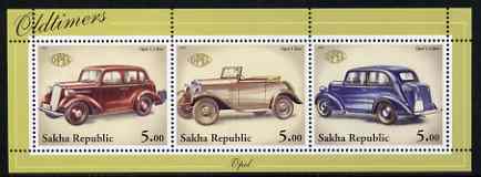 Sakha (Yakutia) Republic 2001 Oldtimers #3 (Opel Cars) perf sheetlet containing set of 3 values complete unmounted mint, stamps on , stamps on  stamps on cars