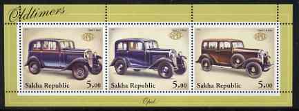 Sakha (Yakutia) Republic 2001 Oldtimers #4 (Opel Cars) perf sheetlet containing set of 3 values complete unmounted mint, stamps on cars