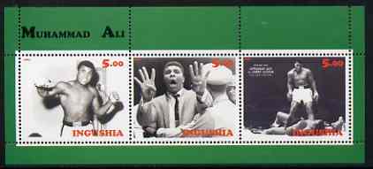 Ingushetia Republic 2001 Muhammad Ali #2 perf sheetlet containing set of 3 values complete unmounted mint, stamps on , stamps on  stamps on personalities, stamps on sport, stamps on boxing, stamps on  stamps on islam