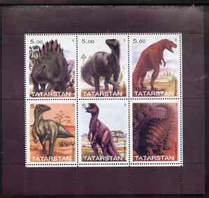 Tatarstan Republic 1998 Dinosaurs perf sheetlet containing set of 6 values complete unmounted mint , stamps on dinosaurs