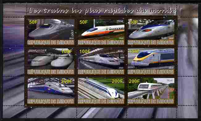 Djibouti 2010 Worlds Fastest Trains perf sheetlet containing 9 values unmounted mint, stamps on , stamps on  stamps on railways