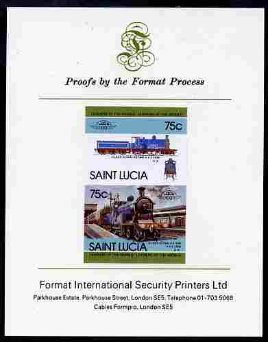 St Lucia 1985 Locomotives #4 (Leaders of the World) 75c Dunalastair 4-4-0 se-tenant pair imperf mounted on Format International proof card, stamps on railways