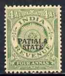 Indian States - Patiala 1934-49 4a green British Indian Revenue type optd Patiala State, lightly toned gum but unmounted mint, stamps on revenues