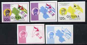 Guyana 1986 Pres Burnham Commem 120c set of 5 imperf progressive proofs comprising 2 individual colours, two 2-colour composites plus all 4 colours unmounted mint, stamps on constitutions, stamps on flags, stamps on maps