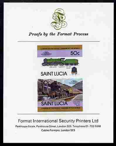 St Lucia 1983 Locomotives #1 (Leaders of the World) 50c Class B17/4 Leeds United se-tenant pair imperf mounted on Format International proof card, stamps on railways