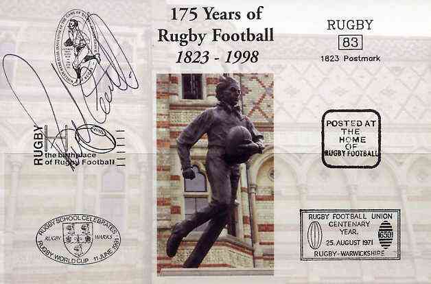 Postcard privately produced in 1998 (coloured) for the 175th Anniversary of Rugby, signed by Richard Cockerill (England - 27 caps & Leicester) unused and pristine, stamps on rugby, stamps on sport