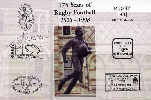 Postcard privately produced in 1998 (coloured) for the 175th Anniversary of Rugby, signed by Alessio Galasso (France - 2 caps & Montferrand) unused and pristine, stamps on , stamps on  stamps on rugby, stamps on  stamps on sport