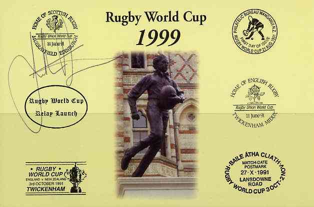 Postcard privately produced in 1999 (coloured) for the Rugby World Cup, signed by Jonathon Davies (Wales - 32 caps & Great Britain Rugby League) unused and pristine, stamps on rugby, stamps on sport