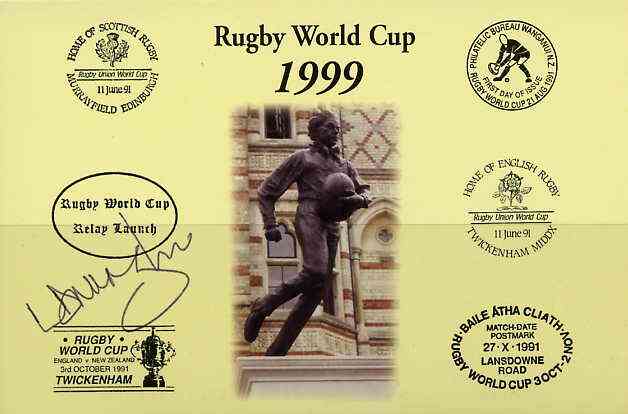 Postcard privately produced in 1999 (coloured) for the Rugby World Cup, signed by Lawrence Dallaglio (England - 47 caps & Captain, plus British Lions & Wasps) unused and ..., stamps on rugby, stamps on sport