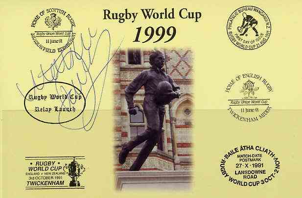 Postcard privately produced in 1999 (coloured) for the Rugby World Cup, signed by Matt Dawson (England - 42 caps & Captain, plus British Lions & N'hampton) unused and pristine, stamps on , stamps on  stamps on rugby, stamps on  stamps on sport