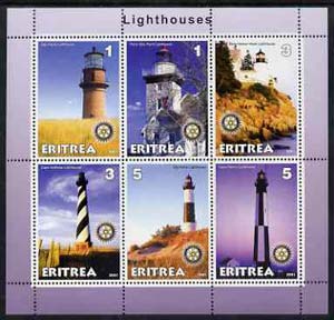 Eritrea 2001 Lighthouses perf sheetlet #1 containing 6 values (each with Rotary logo) unmounted mint, stamps on lighthouses, stamps on rotary