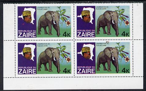 Zaire 1979 River Expedition 4k Elephant block of 4, one stamp with large red flaw on panel unmounted mint (as SG 954), stamps on animals, stamps on elephants