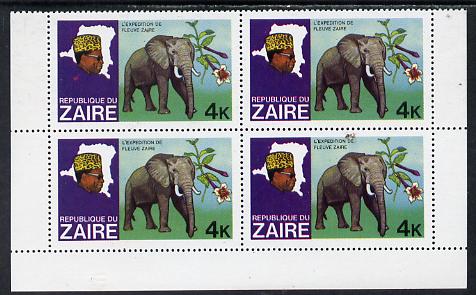 Zaire 1979 River Expedition 4k Elephant block of 4, one stamp with large red flaw on panel unmounted mint (as SG 954), stamps on , stamps on  stamps on animals, stamps on  stamps on elephants