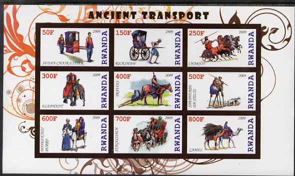 Rwanda 2009 Early Transport imperf sheetlet containing 9 values unmounted mint, stamps on , stamps on  stamps on transport, stamps on  stamps on horses, stamps on  stamps on camels, stamps on  stamps on animals, stamps on  stamps on elephants, stamps on  stamps on 