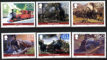 Isle of Man 2004 Bicentenary of First Steam Locomotive - Paintings of Steam Locos perf set of 6 unmounted mint, SG 1125-30, stamps on railways, stamps on arts