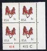 South Africa 1969 Kafferboom Flower 1c unmounted mint plate block of 4 (with horiz & vert phosphor bands) SG 283, stamps on , stamps on  stamps on flowers